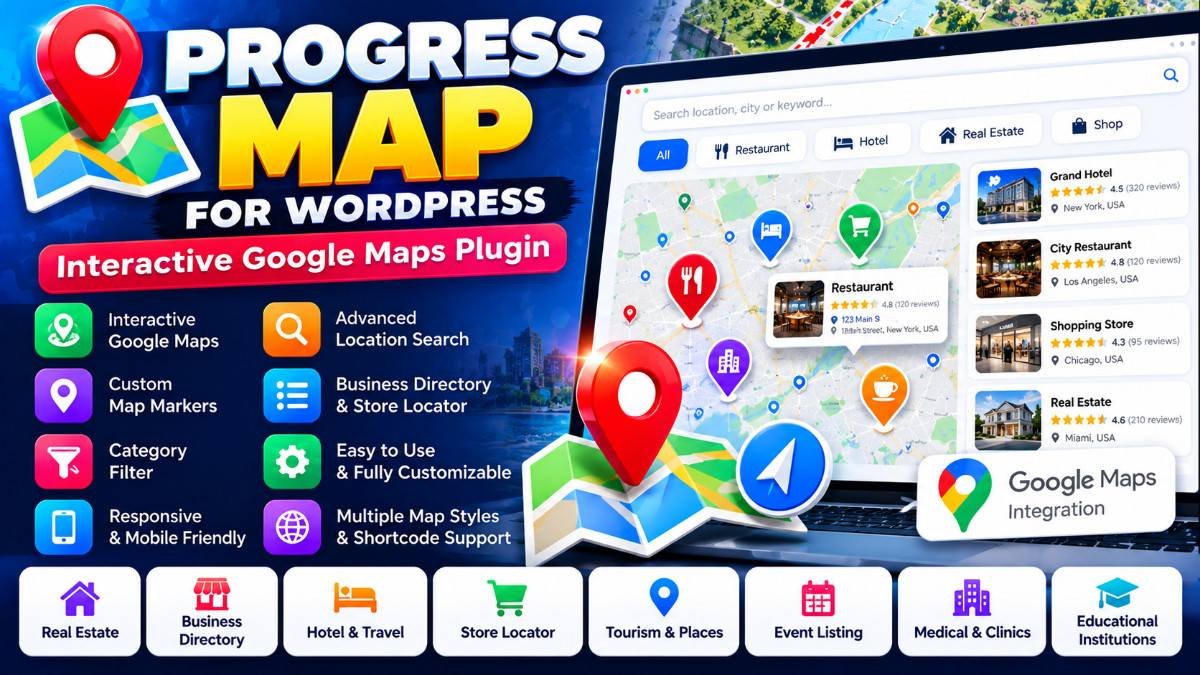 Progress Map for WordPress – Interactive Google Maps Plugin with Location Search &amp; Directory Listings