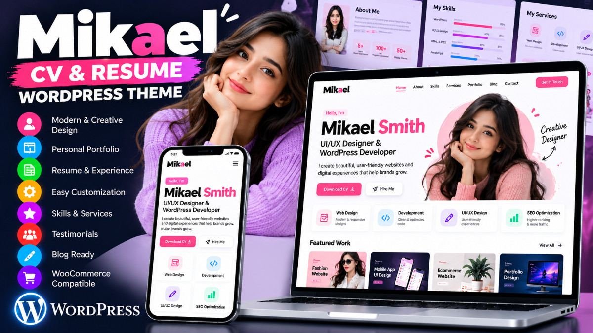 Mikael – Modern Creative CV &amp; Resume WordPress Theme | Personal Portfolio &amp; Freelancer Website