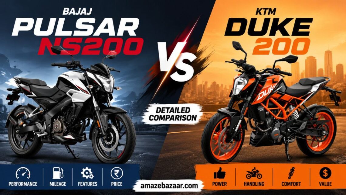 Bajaj Pulsar NS200 and KTM Duke 200 parked side by side comparison
