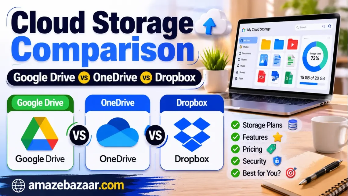 Cloud Storage Comparison thumbnail showing Google Drive vs OneDrive vs Dropbox with logos, cloud icons, feature highlights, and Amazebazaar.com branding.
