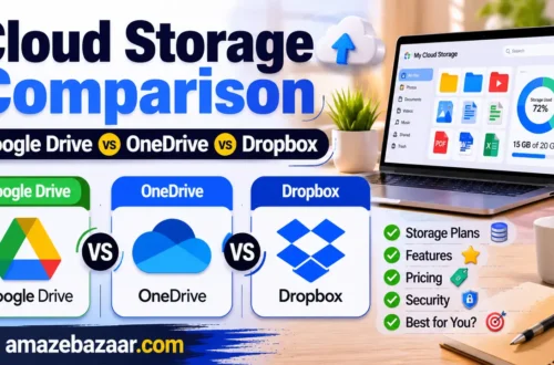 Cloud Storage Comparison thumbnail showing Google Drive vs OneDrive vs Dropbox with logos, cloud icons, feature highlights, and Amazebazaar.com branding.