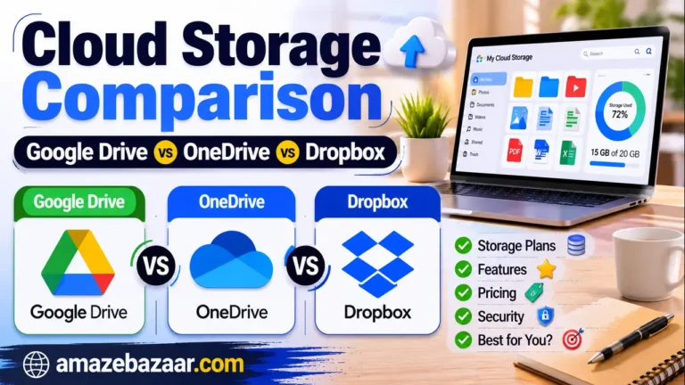 Cloud Storage Comparison thumbnail showing Google Drive vs OneDrive vs Dropbox with logos, cloud icons, feature highlights, and Amazebazaar.com branding.