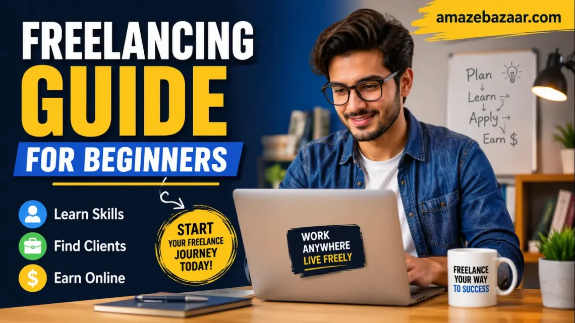 Freelancing Guide for Beginners thumbnail showing a young freelancer working on a laptop with bold blue and yellow text, highlighting learning skills, finding clients, and earning money online for Amazebazaar.com.