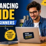 Freelancing Guide for Beginners thumbnail showing a young freelancer working on a laptop with bold blue and yellow text, highlighting learning skills, finding clients, and earning money online for Amazebazaar.com.