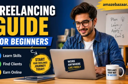 Freelancing Guide for Beginners thumbnail showing a young freelancer working on a laptop with bold blue and yellow text, highlighting learning skills, finding clients, and earning money online for Amazebazaar.com.