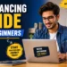 Freelancing Guide for Beginners thumbnail showing a young freelancer working on a laptop with bold blue and yellow text, highlighting learning skills, finding clients, and earning money online for Amazebazaar.com.