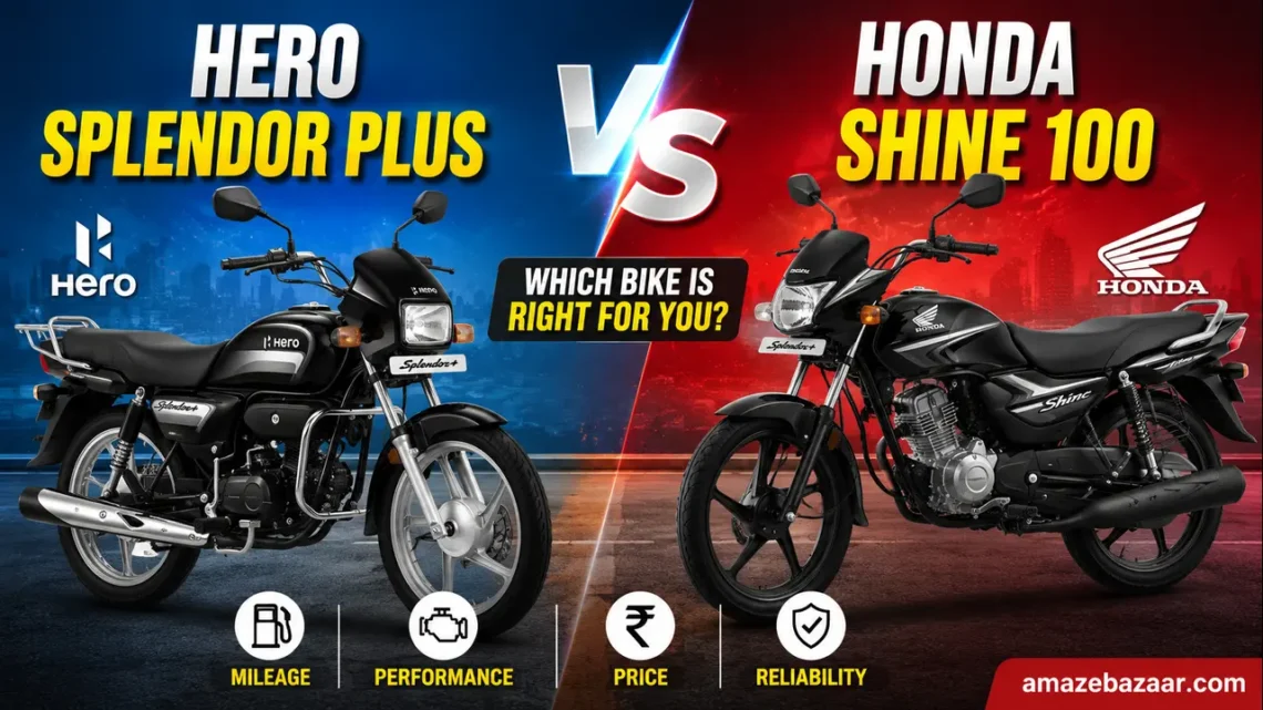 Hero Splendor Plus vs Honda Shine 100 comparison thumbnail featuring both commuter motorcycles side by side with a bold VS design, highlighting mileage, performance, price, and reliability.