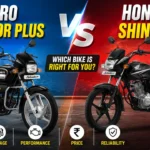 Hero Splendor Plus vs Honda Shine 100 comparison thumbnail featuring both commuter motorcycles side by side with a bold VS design, highlighting mileage, performance, price, and reliability.
