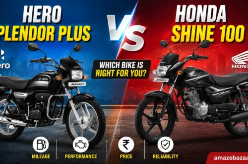Hero Splendor Plus vs Honda Shine 100 comparison thumbnail featuring both commuter motorcycles side by side with a bold VS design, highlighting mileage, performance, price, and reliability.