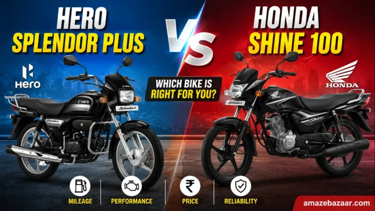 Hero Splendor Plus vs Honda Shine 100 comparison thumbnail featuring both commuter motorcycles side by side with a bold VS design, highlighting mileage, performance, price, and reliability.