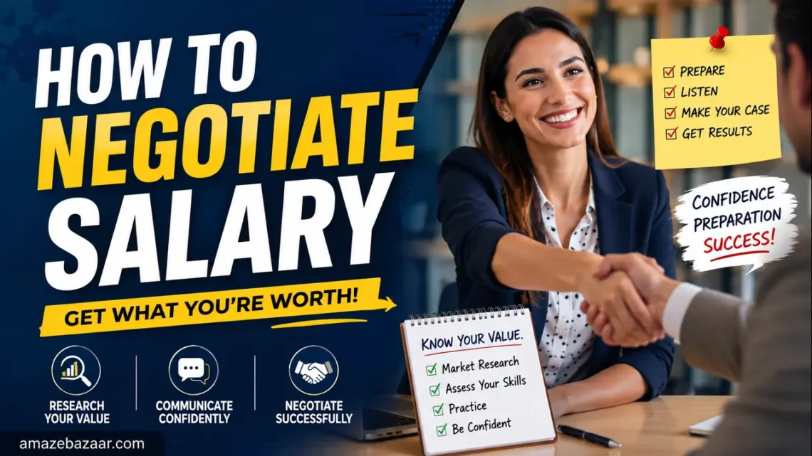 Professional blog thumbnail illustrating salary negotiation, featuring a confident business professional shaking hands during a job offer discussion with bold text reading "How to Negotiate Salary" and the Amazebazaar.com watermark.