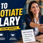 Professional blog thumbnail illustrating salary negotiation, featuring a confident business professional shaking hands during a job offer discussion with bold text reading "How to Negotiate Salary" and the Amazebazaar.com watermark.