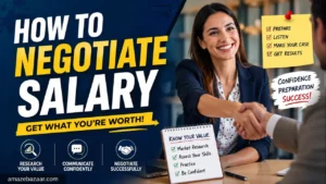 Professional blog thumbnail illustrating salary negotiation, featuring a confident business professional shaking hands during a job offer discussion with bold text reading "How to Negotiate Salary" and the Amazebazaar.com watermark.
