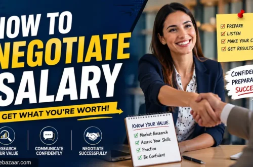 Professional blog thumbnail illustrating salary negotiation, featuring a confident business professional shaking hands during a job offer discussion with bold text reading "How to Negotiate Salary" and the Amazebazaar.com watermark.