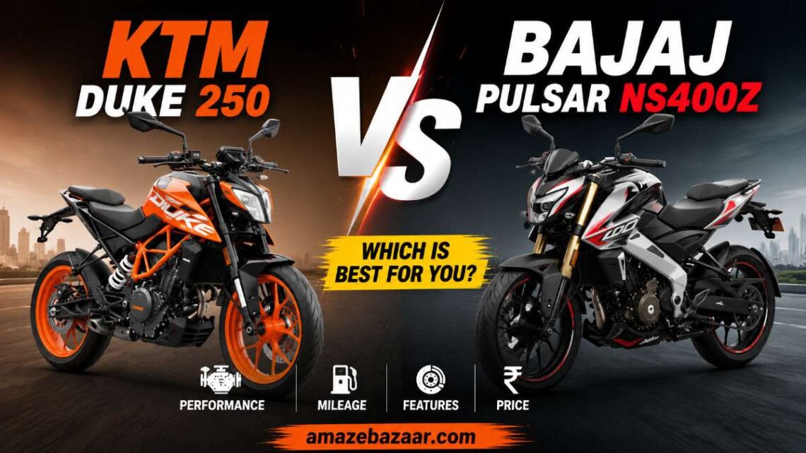 KTM Duke 250 vs Bajaj Pulsar NS400Z comparison thumbnail showing both motorcycles side by side with performance, mileage, features, and price highlight