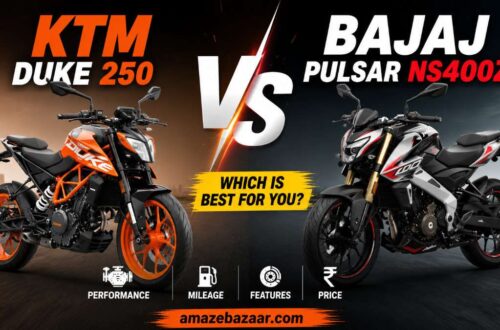 KTM Duke 250 vs Bajaj Pulsar NS400Z comparison thumbnail showing both motorcycles side by side with performance, mileage, features, and price highlight