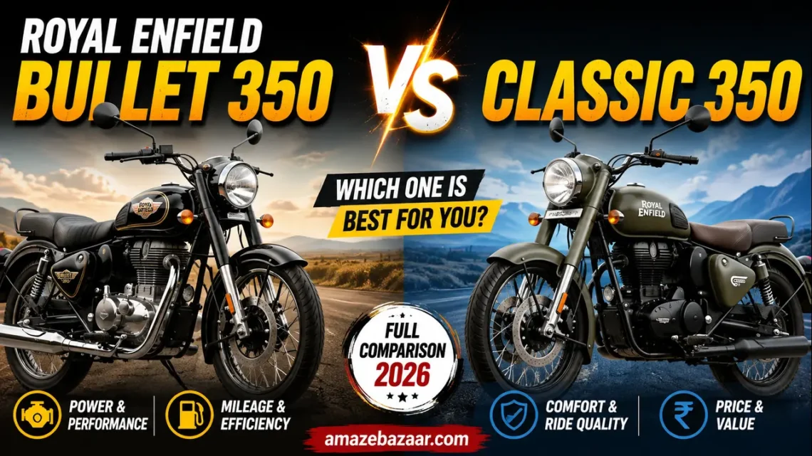 Royal Enfield Bullet 350 vs Classic 350 comparison thumbnail showing both motorcycles side by side with a VS design for a detailed 2026 comparison.