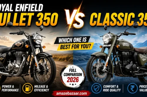 Royal Enfield Bullet 350 vs Classic 350 comparison thumbnail showing both motorcycles side by side with a VS design for a detailed 2026 comparison.