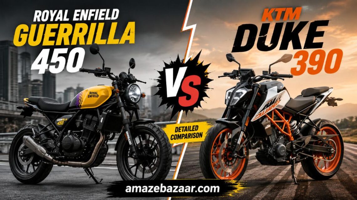 Royal Enfield Guerrilla 450 vs KTM Duke 390 comparison thumbnail showing both motorcycles side by side with a VS graphic for a detailed performance, features, specifications, and price comparison.