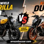 Royal Enfield Guerrilla 450 vs KTM Duke 390 comparison thumbnail showing both motorcycles side by side with a VS graphic for a detailed performance, features, specifications, and price comparison.