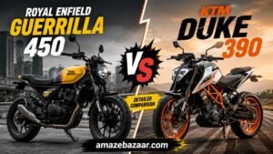 Royal Enfield Guerrilla 450 vs KTM Duke 390 comparison thumbnail showing both motorcycles side by side with a VS graphic for a detailed performance, features, specifications, and price comparison.