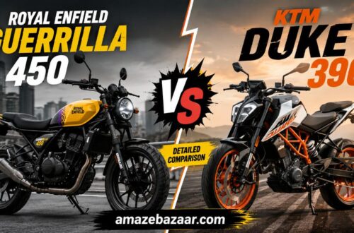 Royal Enfield Guerrilla 450 vs KTM Duke 390 comparison thumbnail showing both motorcycles side by side with a VS graphic for a detailed performance, features, specifications, and price comparison.