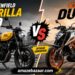 Royal Enfield Guerrilla 450 vs KTM Duke 390 comparison thumbnail showing both motorcycles side by side with a VS graphic for a detailed performance, features, specifications, and price comparison.
