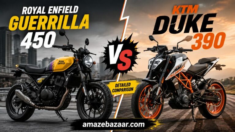 Royal Enfield Guerrilla 450 vs KTM Duke 390 comparison thumbnail showing both motorcycles side by side with a VS graphic for a detailed performance, features, specifications, and price comparison.