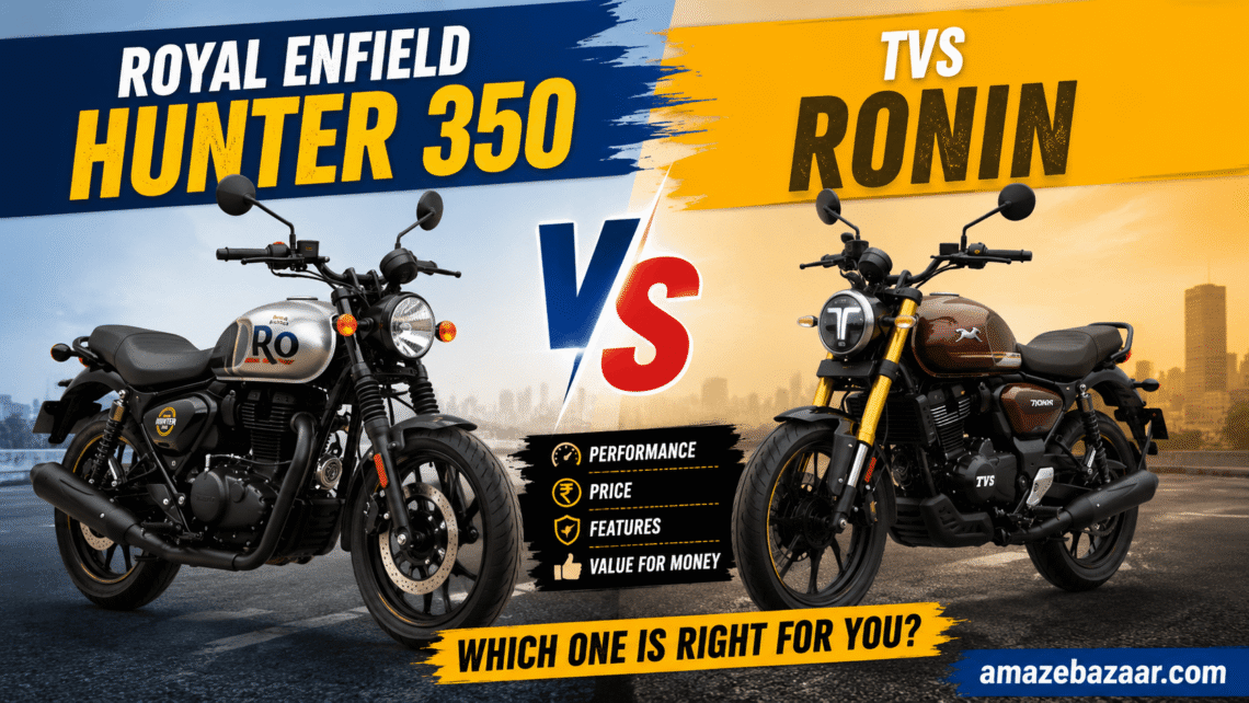 Royal Enfield Hunter 350 and TVS Ronin displayed side by side in a comparison thumbnail with a bold "VS" graphic, highlighting performance, price, features, and value for money. The Amazebazaar.com branding appears in the bottom-right corner.