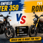 Royal Enfield Hunter 350 and TVS Ronin displayed side by side in a comparison thumbnail with a bold "VS" graphic, highlighting performance, price, features, and value for money. The Amazebazaar.com branding appears in the bottom-right corner.
