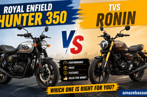 Royal Enfield Hunter 350 and TVS Ronin displayed side by side in a comparison thumbnail with a bold "VS" graphic, highlighting performance, price, features, and value for money. The Amazebazaar.com branding appears in the bottom-right corner.