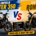 Royal Enfield Hunter 350 and TVS Ronin displayed side by side in a comparison thumbnail with a bold "VS" graphic, highlighting performance, price, features, and value for money. The Amazebazaar.com branding appears in the bottom-right corner.