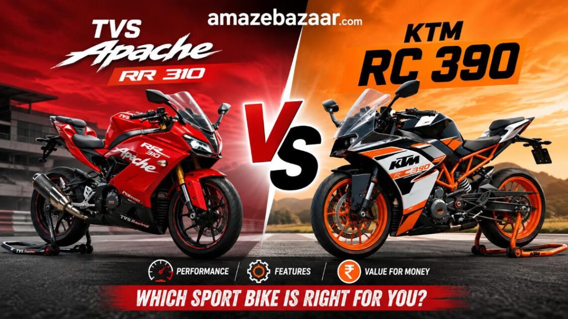 TVS Apache RR 310 vs KTM RC 390 sport bike comparison thumbnail showing both motorcycles side by side.