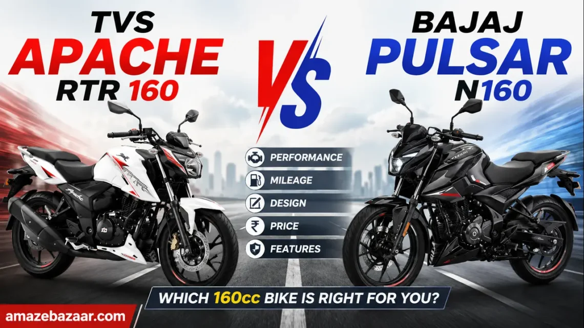 TVS Apache RTR 160 4V and Bajaj Pulsar N160 parked side by side for comparison