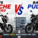 TVS Apache RTR 160 4V and Bajaj Pulsar N160 parked side by side for comparison