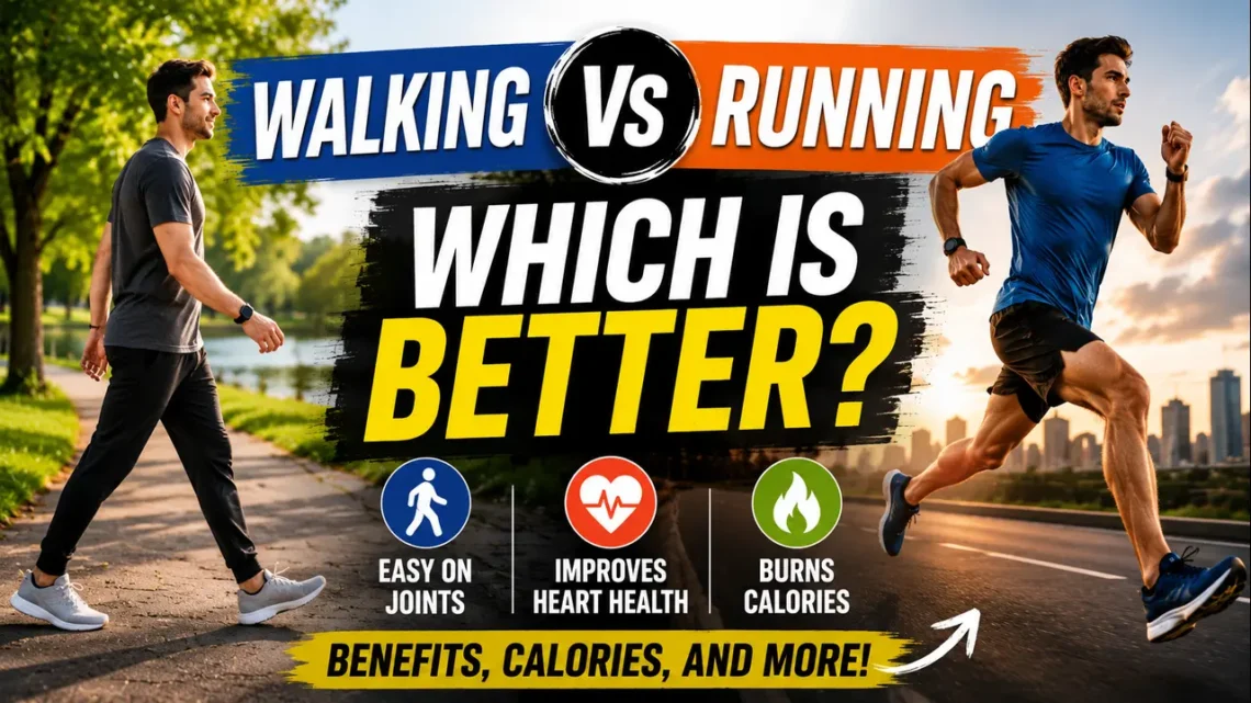Walking vs Running comparison thumbnail showing a person walking in a park and another running on a road, highlighting the question "Which Is Better?" with icons for joint health, heart health, and calorie burning.