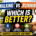 Walking vs Running comparison thumbnail showing a person walking in a park and another running on a road, highlighting the question "Which Is Better?" with icons for joint health, heart health, and calorie burning.