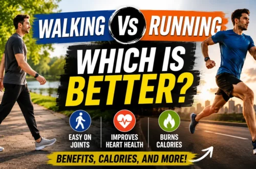 Walking vs Running comparison thumbnail showing a person walking in a park and another running on a road, highlighting the question "Which Is Better?" with icons for joint health, heart health, and calorie burning.