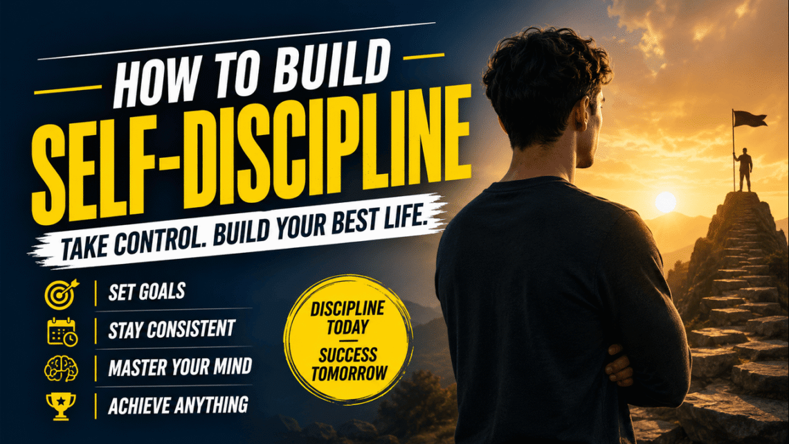 Motivational thumbnail showing a person looking toward a mountain summit at sunrise with the text "How to Build Self-Discipline" and success-focused graphics.