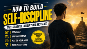 Motivational thumbnail showing a person looking toward a mountain summit at sunrise with the text "How to Build Self-Discipline" and success-focused graphics.