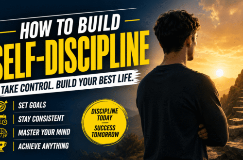 Motivational thumbnail showing a person looking toward a mountain summit at sunrise with the text "How to Build Self-Discipline" and success-focused graphics.