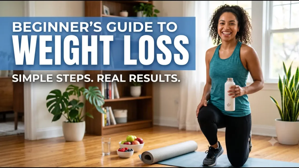 Beginner starting a healthy weight loss journey with nutritious food, exercise, and sustainable lifestyle habits.
