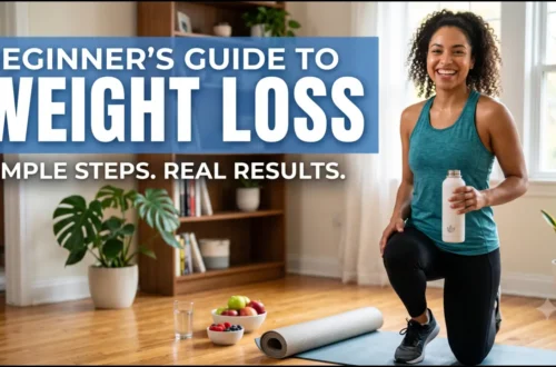 Beginner starting a healthy weight loss journey with nutritious food, exercise, and sustainable lifestyle habits.