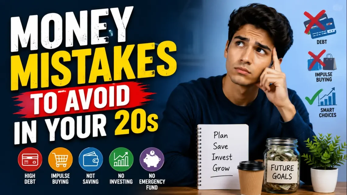 Young adult thinking about financial planning with the text “Money Mistakes to Avoid in Your 20s,” alongside icons representing debt, impulse buying, saving, investing, and emergency funds.