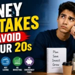 Young adult thinking about financial planning with the text “Money Mistakes to Avoid in Your 20s,” alongside icons representing debt, impulse buying, saving, investing, and emergency funds.