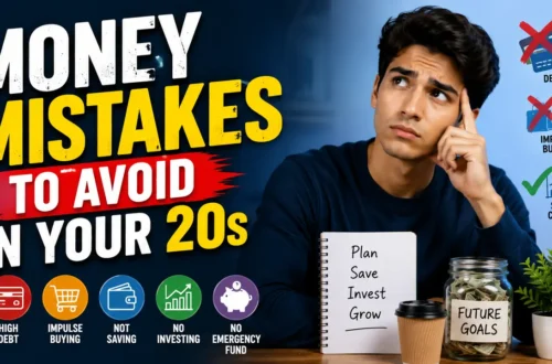 Young adult thinking about financial planning with the text “Money Mistakes to Avoid in Your 20s,” alongside icons representing debt, impulse buying, saving, investing, and emergency funds.
