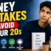 Young adult thinking about financial planning with the text “Money Mistakes to Avoid in Your 20s,” alongside icons representing debt, impulse buying, saving, investing, and emergency funds.