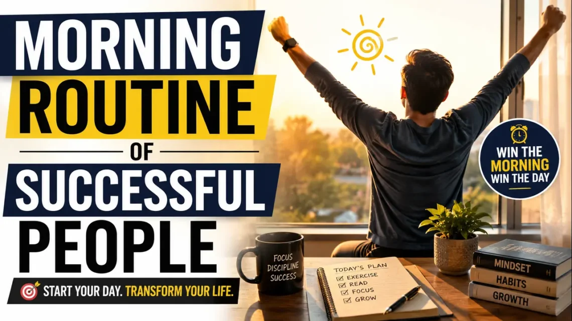 A person stretching in front of a sunrise with a productivity desk setup, illustrating the morning routine of successful people for better focus and success.