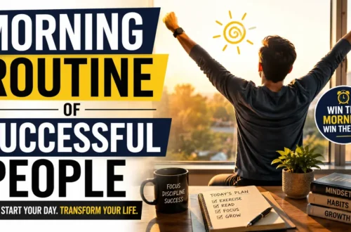 A person stretching in front of a sunrise with a productivity desk setup, illustrating the morning routine of successful people for better focus and success.