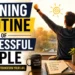 A person stretching in front of a sunrise with a productivity desk setup, illustrating the morning routine of successful people for better focus and success.